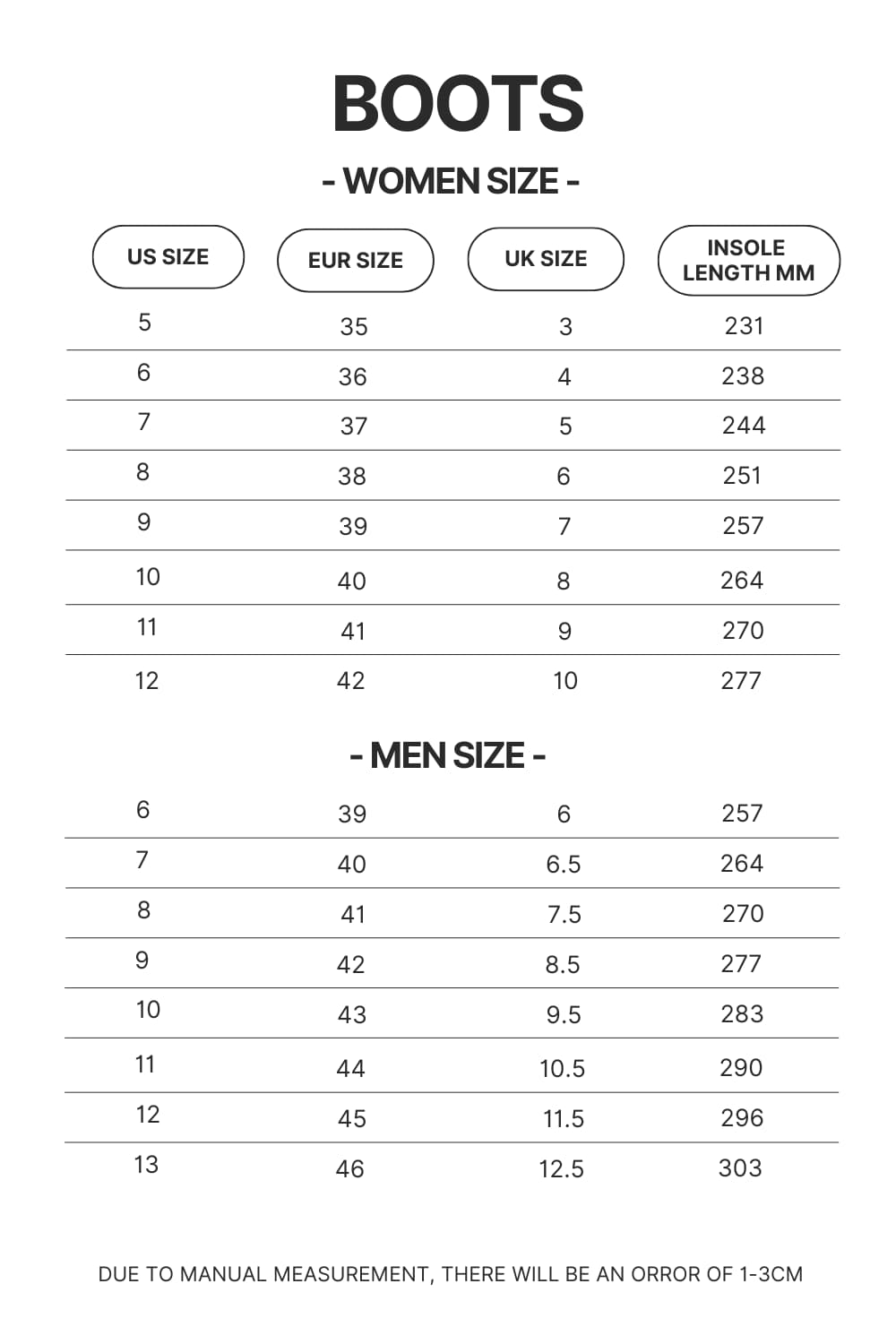 Boots Size Chart - Dr. Stone Merch